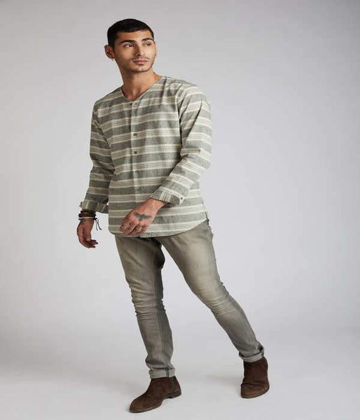 Men's Natural Hemp V- Neck Kurta - Grey Stripes