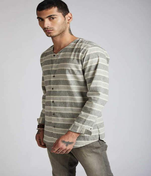 Men's Natural Hemp V- Neck Kurta - Grey Stripes