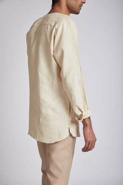 Men's Natural Hemp V- Neck Kurta - Light Beige