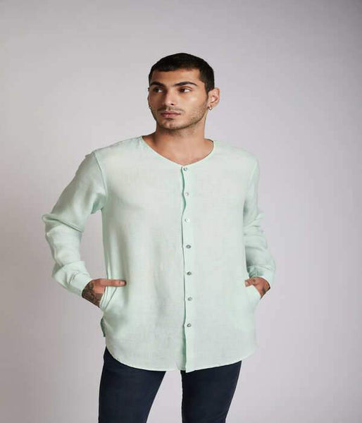 Men's Natural Hemp V- Neck Kurta - Mint Green