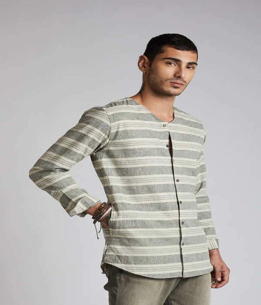 Men's Natural Hemp V- Neck Kurta - Grey Stripes