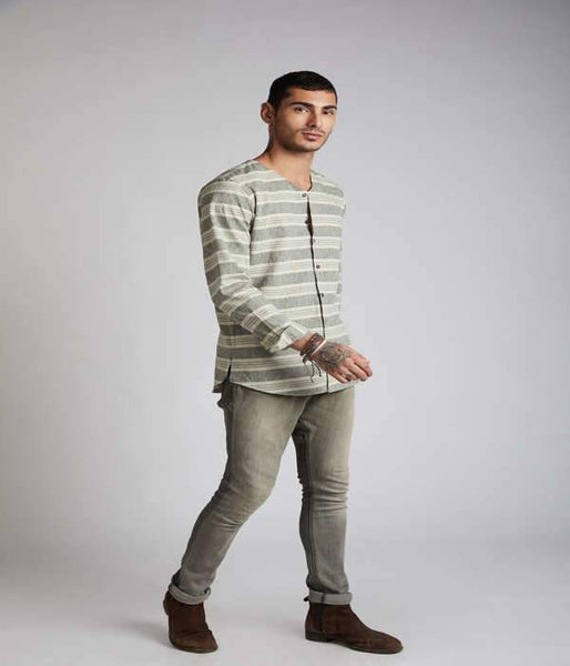 Men's Natural Hemp V- Neck Kurta - Grey Stripes