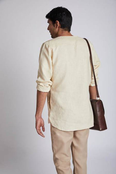 Men's Natural Hemp V- Neck Kurta - Light Beige