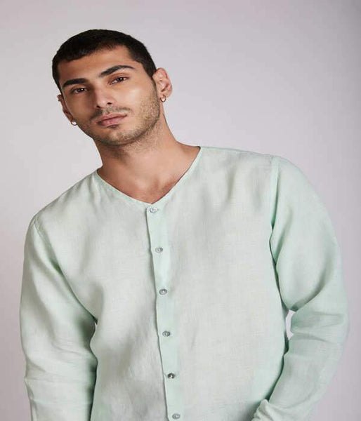 Men's Natural Hemp V- Neck Kurta - Mint Green
