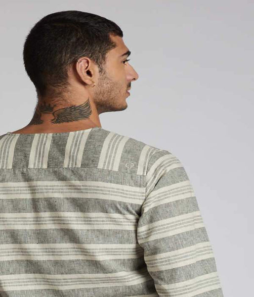 Men's Natural Hemp V- Neck Kurta - Grey Stripes