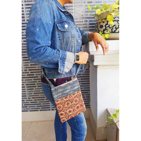 Block Printed Crossbody Sling Bag - Indigo and Red Handcrafted by Underprivileged Women Artisans from Bhopal