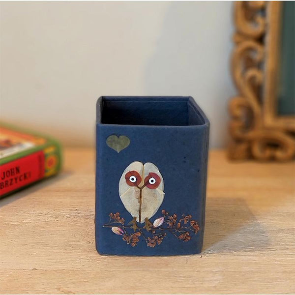 Handcrafted Pencil Holder with Handpressed Flowers (Blue Owl)