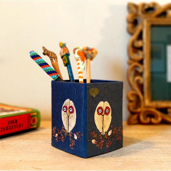 Handcrafted Pencil Holder with Handpressed Flowers (Blue Owl)