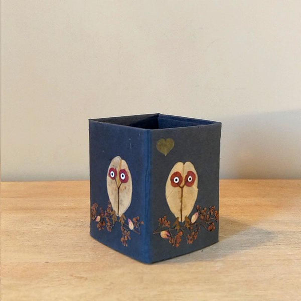 Handcrafted Pencil Holder with Handpressed Flowers (Blue Owl)