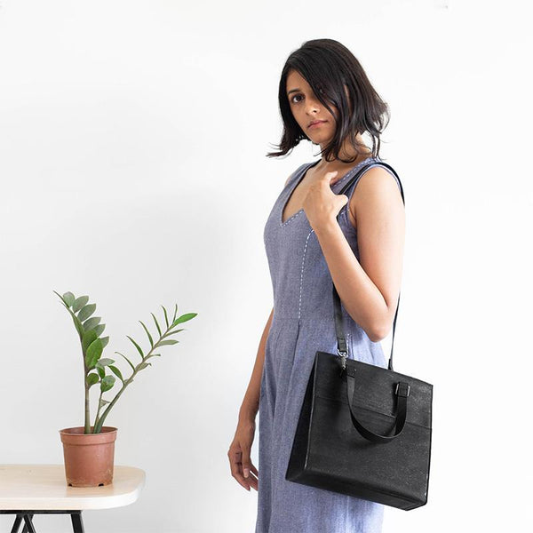 Cork Fabric Dawn Midi Tote Bag - Black