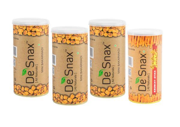 Combo Pack of Indian Snacks - 3 Mini Bakarwadi  and 1 Sizzlin Szechwan Krunchy Stixx (Pack of 4)