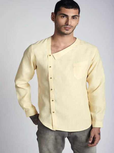 Men's Natural Hemp Asymmetric Shirt - Yellow