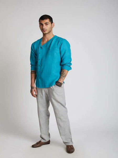 Men's Natural Hemp Asymmetric Shirt - Teal