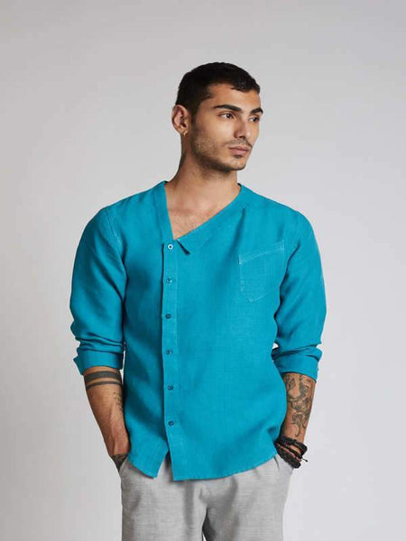 Men's Natural Hemp Asymmetric Shirt - Teal