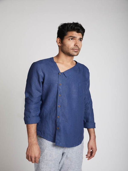 Men's Natural Hemp Asymmetric Shirt - Navy