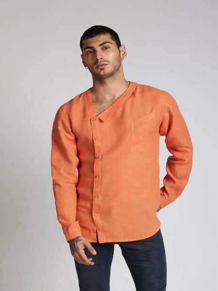 Natural Men's Hemp Asymmetric V-Neck Shirt - Orange