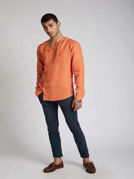 Natural Men's Hemp Asymmetric V-Neck Shirt - Orange