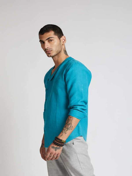 Men's Natural Hemp Asymmetric Shirt - Teal
