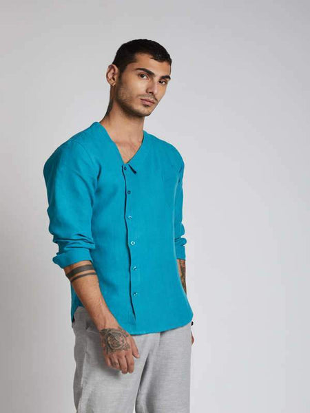 Men's Natural Hemp Asymmetric Shirt - Teal