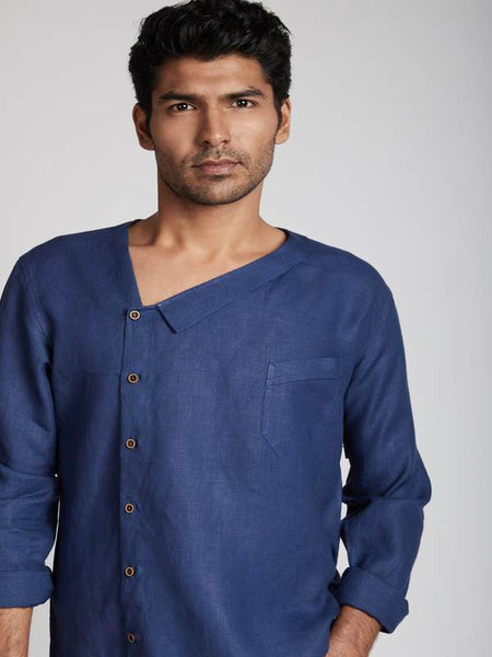 Men's Natural Hemp Asymmetric Shirt - Navy