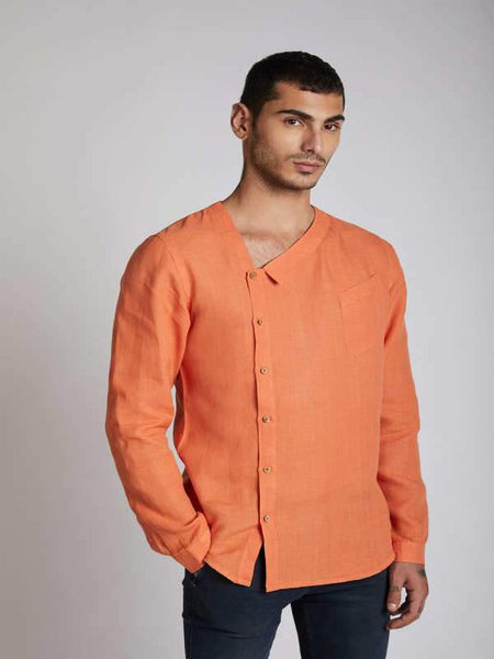 Natural Men's Hemp Asymmetric V-Neck Shirt - Orange