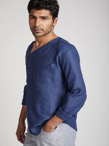 Men's Natural Hemp Asymmetric Shirt - Navy