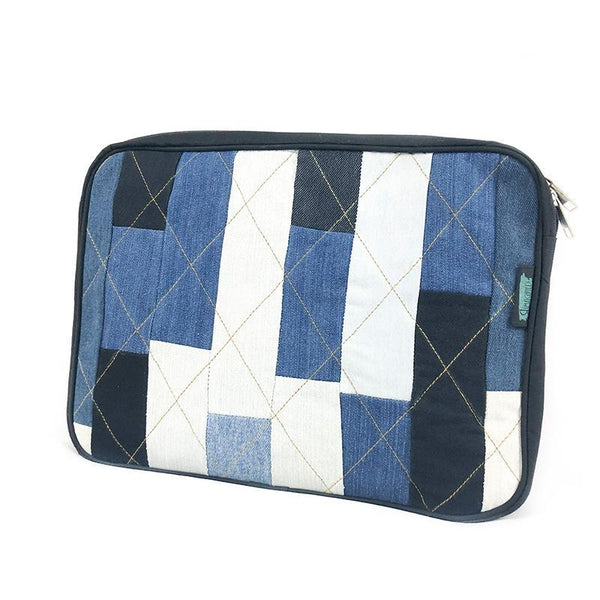 Upcycled Denim Laptop Sleeve - Triangular Patchwork