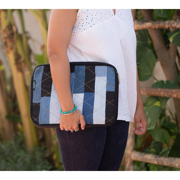 Upcycled Denim Laptop Sleeve - Triangular Patchwork