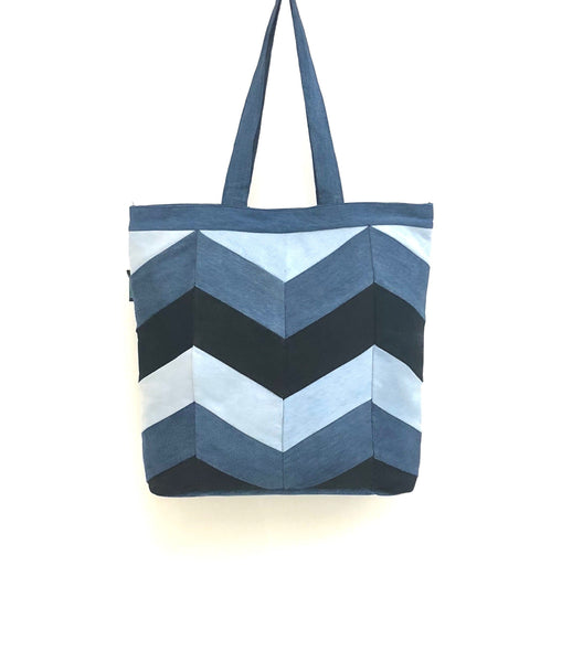 Upcycled Denim Tote Bag - Chevron Patchwork