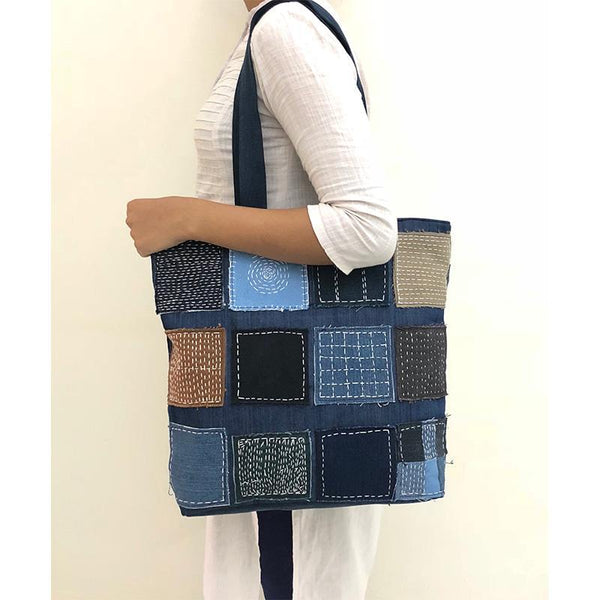 Upcycled Denim Tote Bag  - Kantha Patchwork