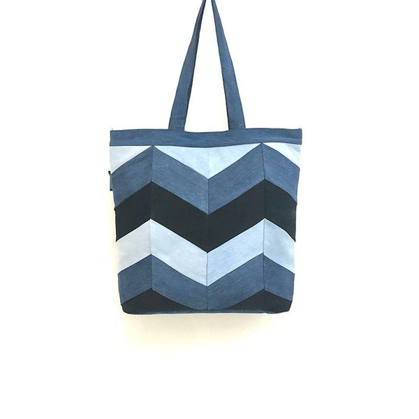 Upcycled Denim Tote /Laptop Bag - Chevron Patchwork