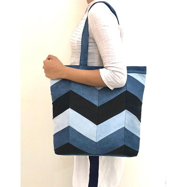 Upcycled Denim Tote /Laptop Bag - Chevron Patchwork