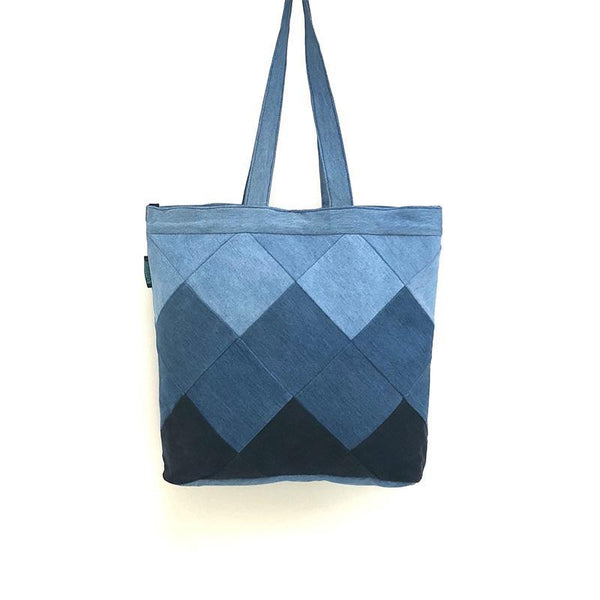 Upcycled Denim Tote /Laptop bag - Square Patchwork