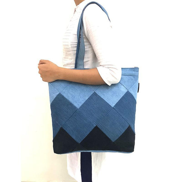 Upcycled Denim Tote /Laptop bag - Square Patchwork
