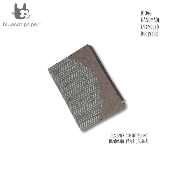 Designer Coptic-Bound Hardboard Recycled Paper Notebook - Coffee Brown with Sky Blue Zigzag Print (160 pages)