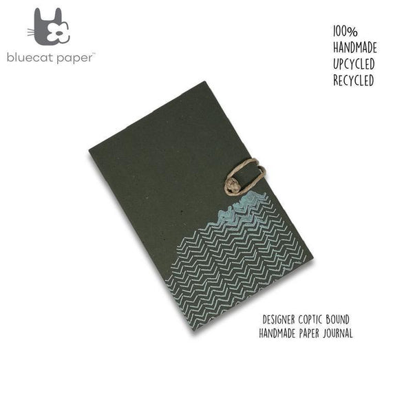Designer Coptic-Bound Hardboard Recycled Paper Notebook - Olive Green with Sky Blue Zigzag Print