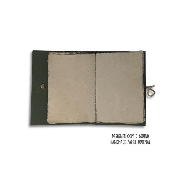 Designer Coptic-Bound Hardboard Recycled Paper Notebook - Olive Green with Sky Blue Zigzag Print