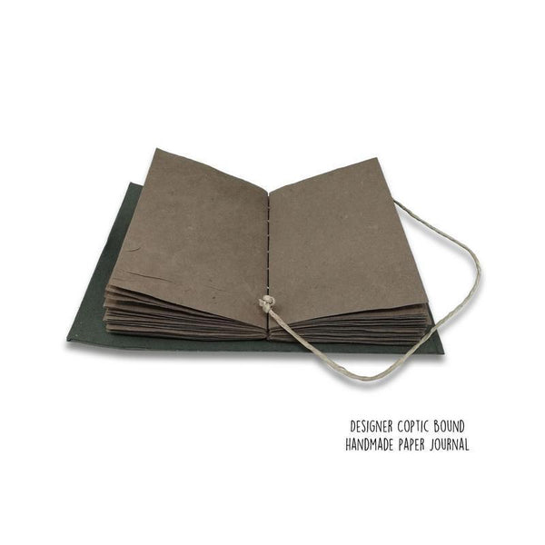 Designer Coptic-Bound Recycled Paper Journal - Olive Green with Beige Leaf Print (88 pages)