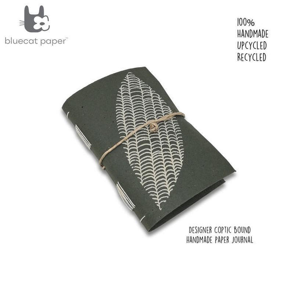 Designer Coptic-Bound Recycled Paper Journal - Olive Green with Beige Leaf Print (88 pages)