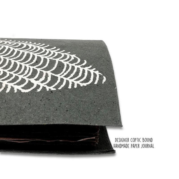 Designer Coptic-Bound Recycled Paper Journal - Olive Green with Beige Leaf Print (88 pages)