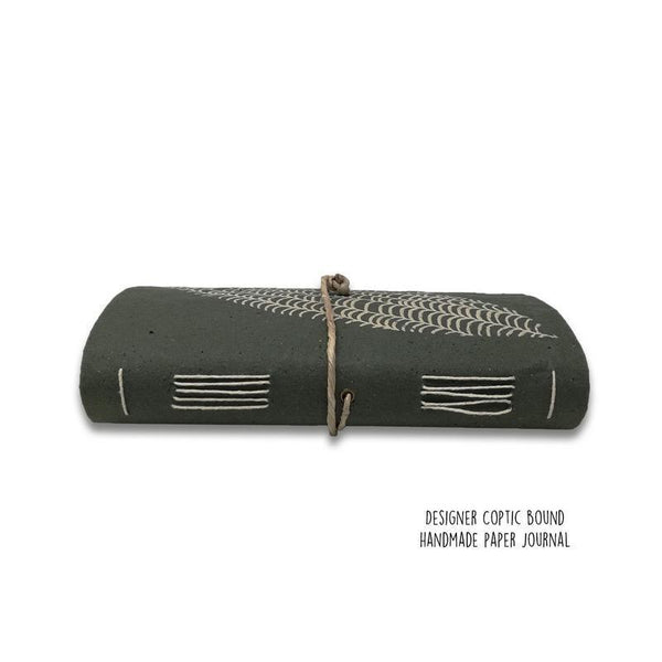 Designer Coptic-Bound Recycled Paper Journal - Olive Green with Beige Leaf Print (88 pages)