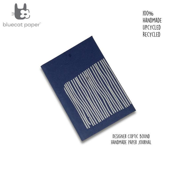 Designer Coptic-Bound Recycled Paper Notebook - Blue with Grey Line Print (160 pages)