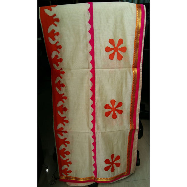 Designer Dupatta (Orange And Pink Geometric) - Created with upcycled fabric