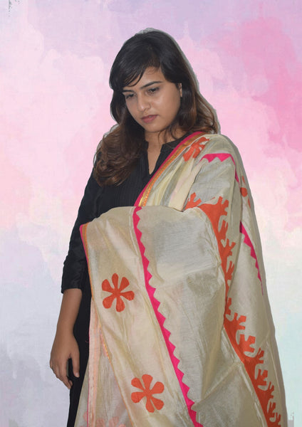 Designer Dupatta (Orange And Pink Geometric) - Created with upcycled fabric