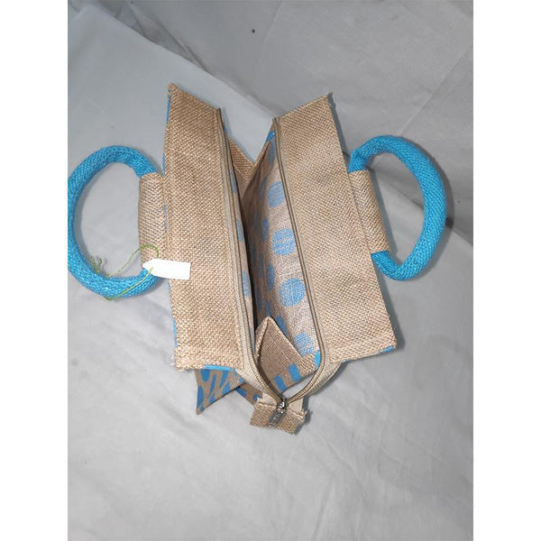 Jute Designer Bag - Blue Polka Dots from Agiripalli, Andhra Pradesh