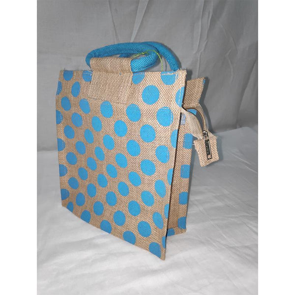 Jute Designer Bag - Blue Polka Dots from Agiripalli, Andhra Pradesh