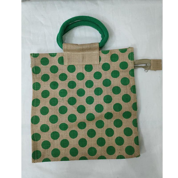 Jute Designer Bag - Green Polka Dots from Agiripalli, Andhra Pradesh