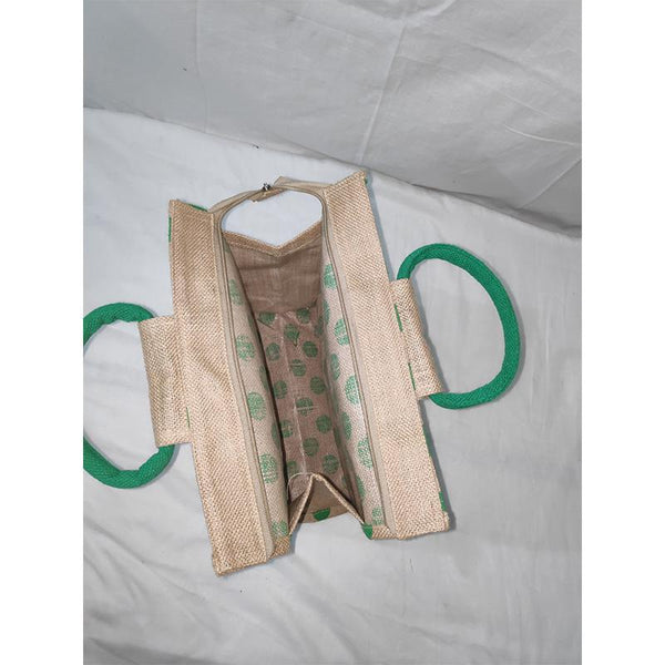 Jute Designer Bag - Green Polka Dots from Agiripalli, Andhra Pradesh
