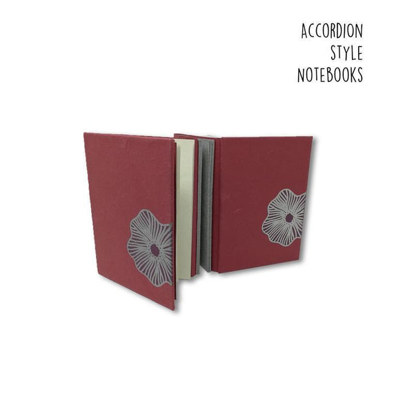 Dull Red Accordion Style Handmade Paper Journal - Dark Mauve with Poppy Flower (4 sets of 18 pages each)