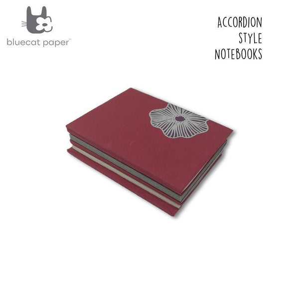 Dull Red Accordion Style Handmade Paper Journal - Dark Mauve with Poppy Flower (4 sets of 18 pages each)